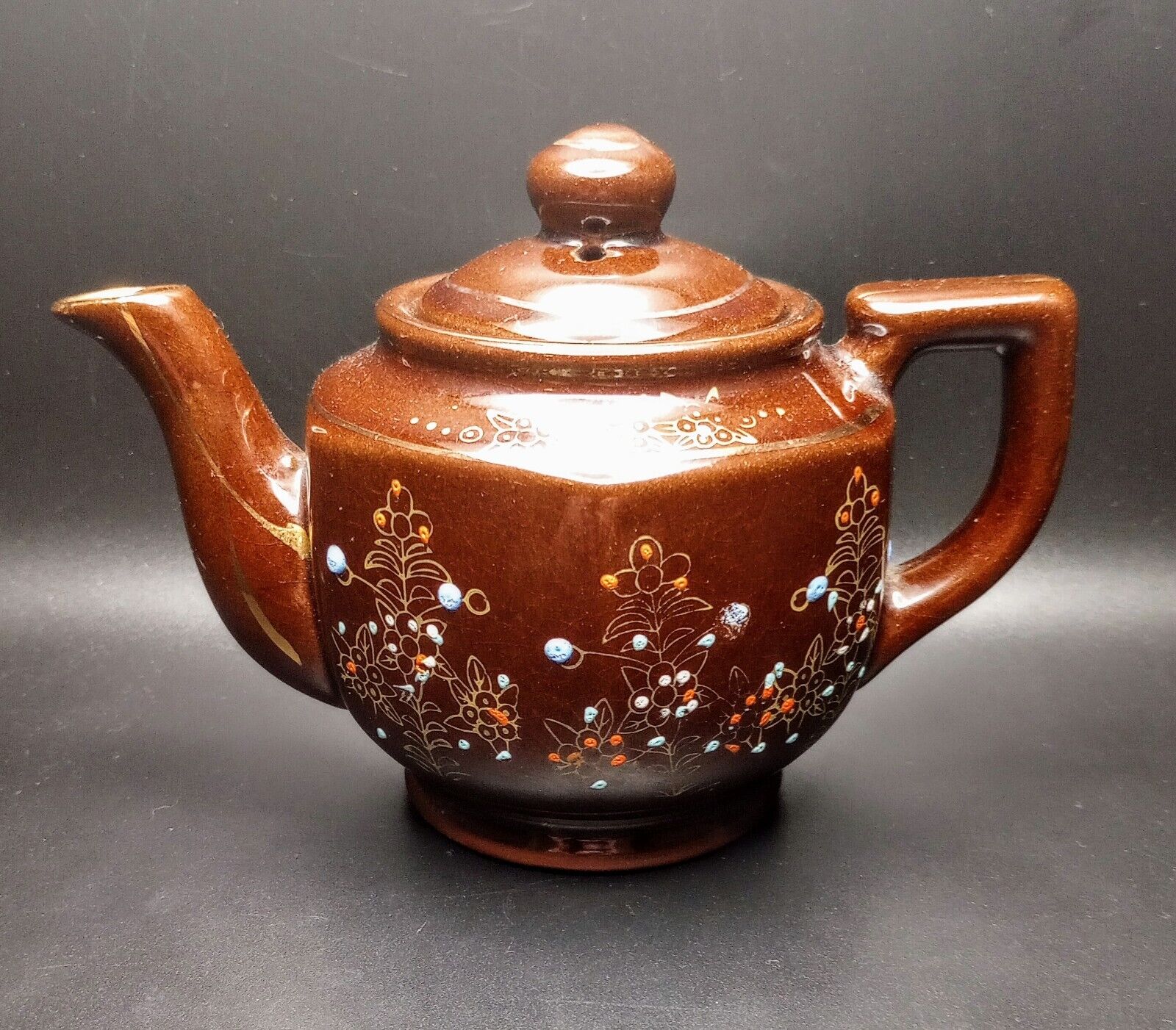 Vintage 1950’s Brown Glazed Redware Hand Painted Teapot From Japan
