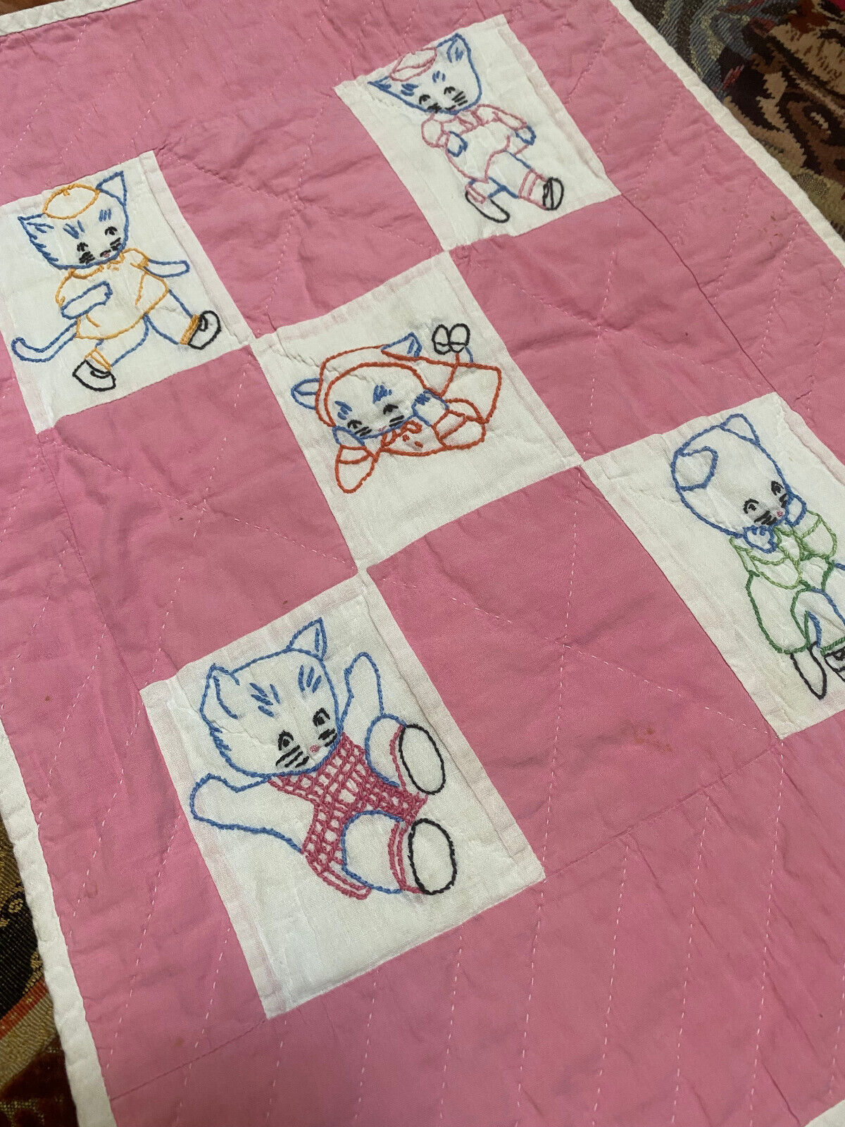 Vintage Patchwork Doll Quilt Embroidered Cats Kittens