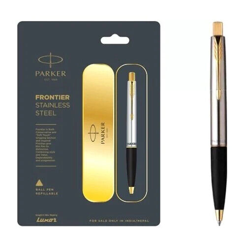 Parker Frontier Stainless Steel Ball Point Pen Gold Trim Quink Blue Ink