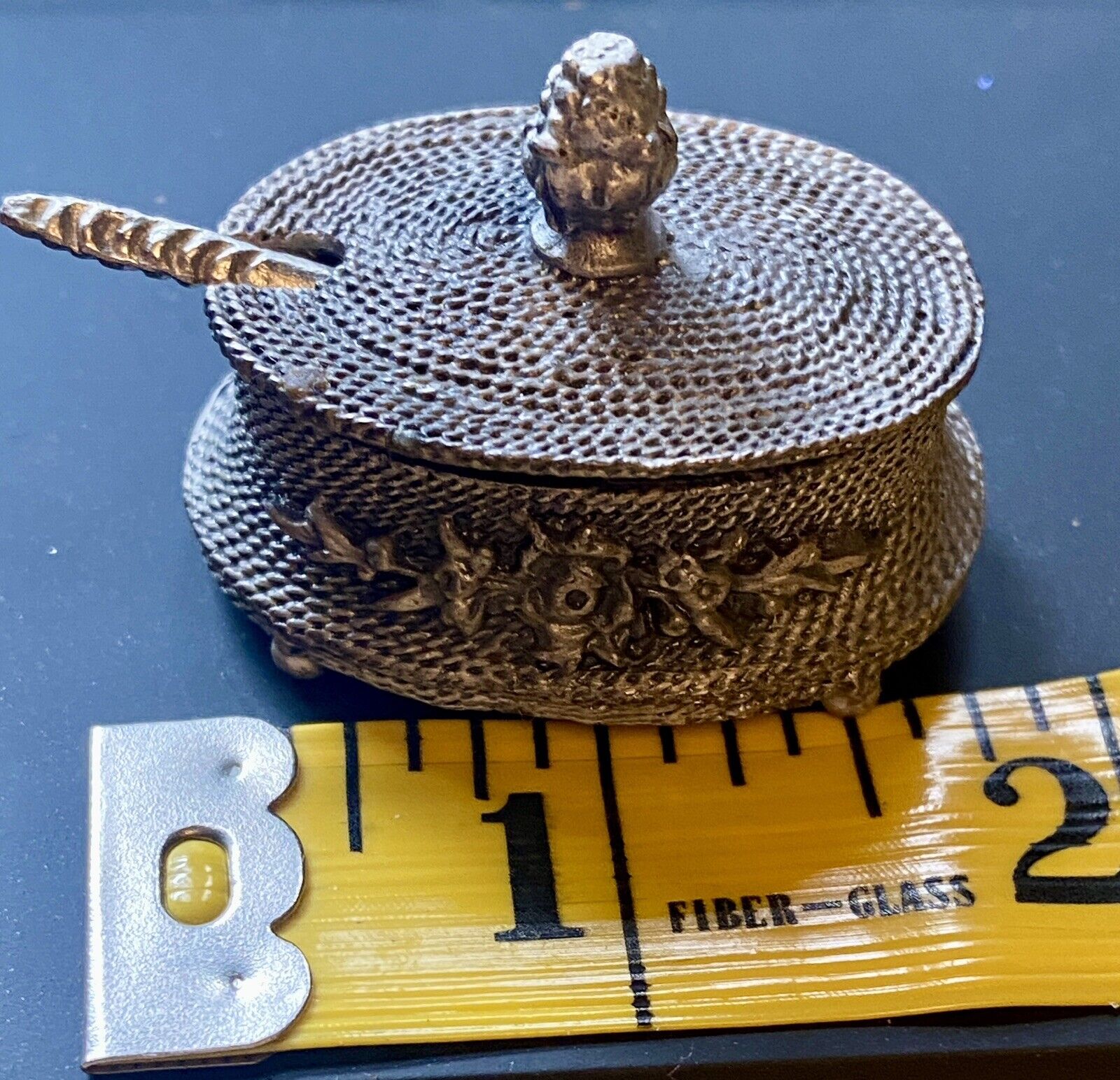 Miniature Trinket Box Basket Pewter Salt Dip Cellar Dish W/Spoon Enamel Inside