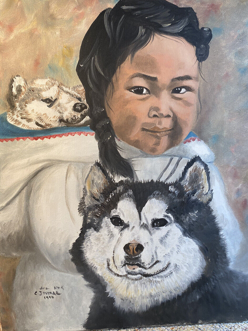 Sweet oil painting of Native American girl and  her dogs 1990 Signed.