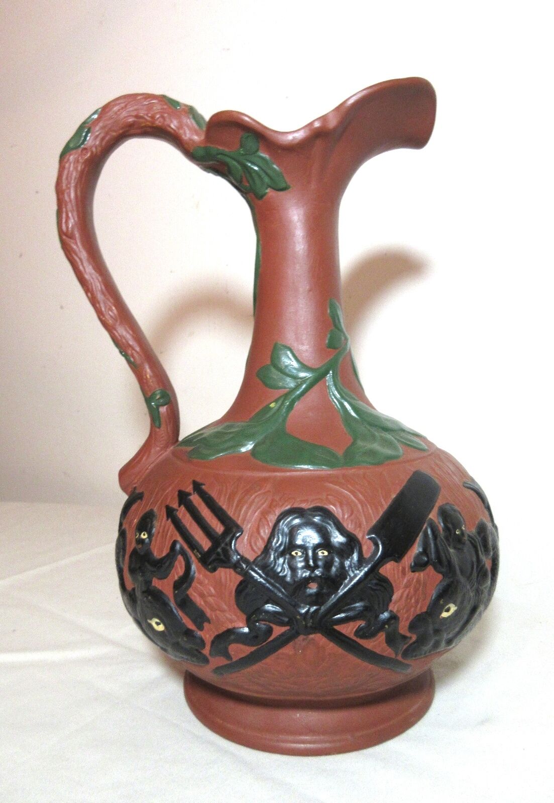 unusual antique figural Poseidon cherub riding dolphin ewer pottery pitcher jug 