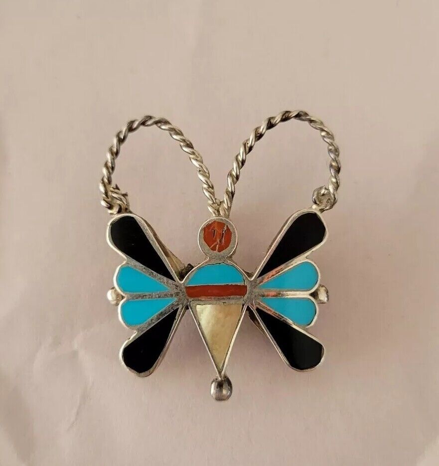 Vintage Zuni Turquoise Coral MOP Butterfly Sterling Silver Pin Brooch  Pendant
