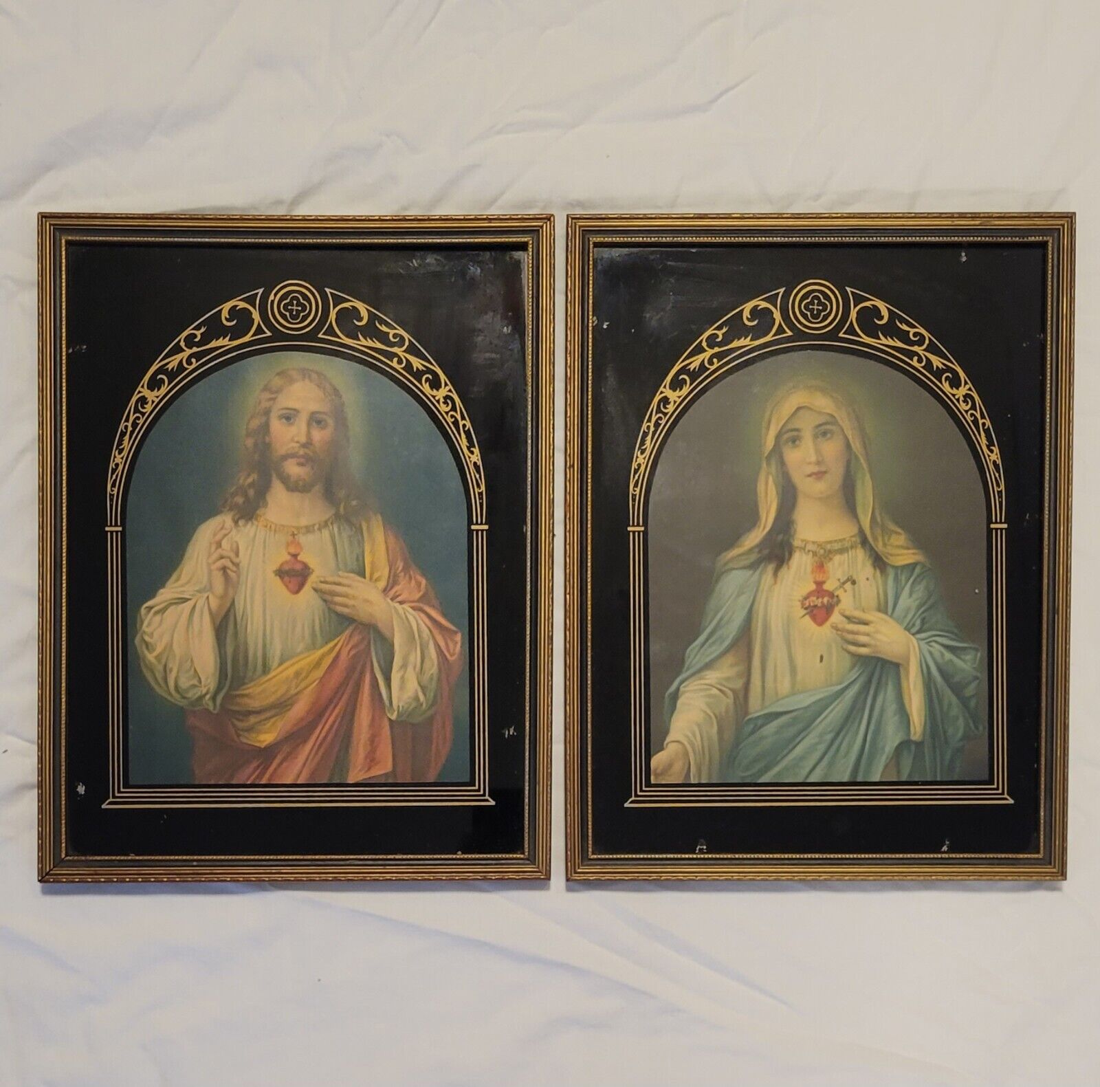 Pair Antique 1930s Sacred Heart of Jesus Mary Lithograph Reverse Painted Glass