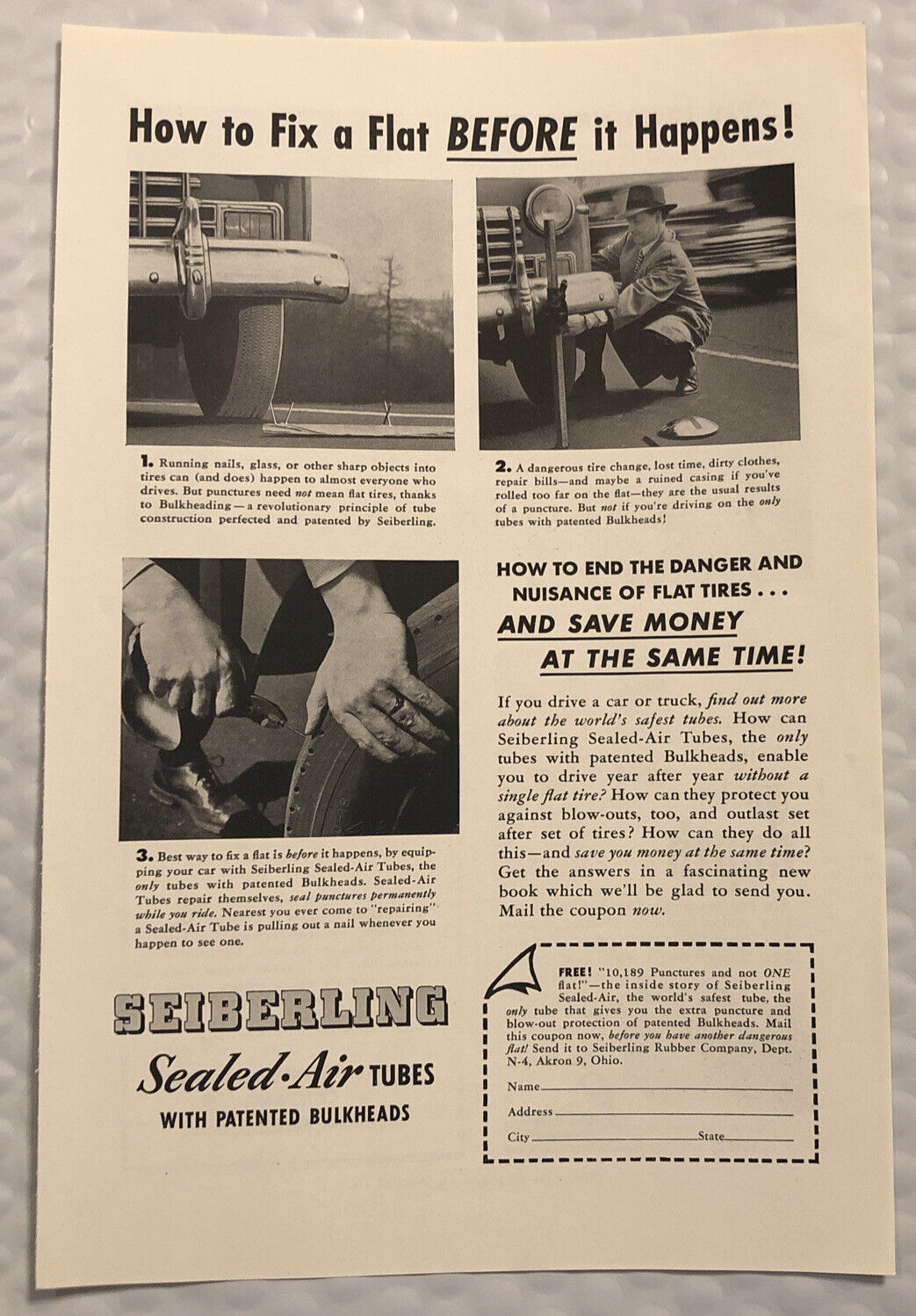 Vintage 1949 Seiberling Tubes Original Print Ad - Fix A Flat Before It Happens