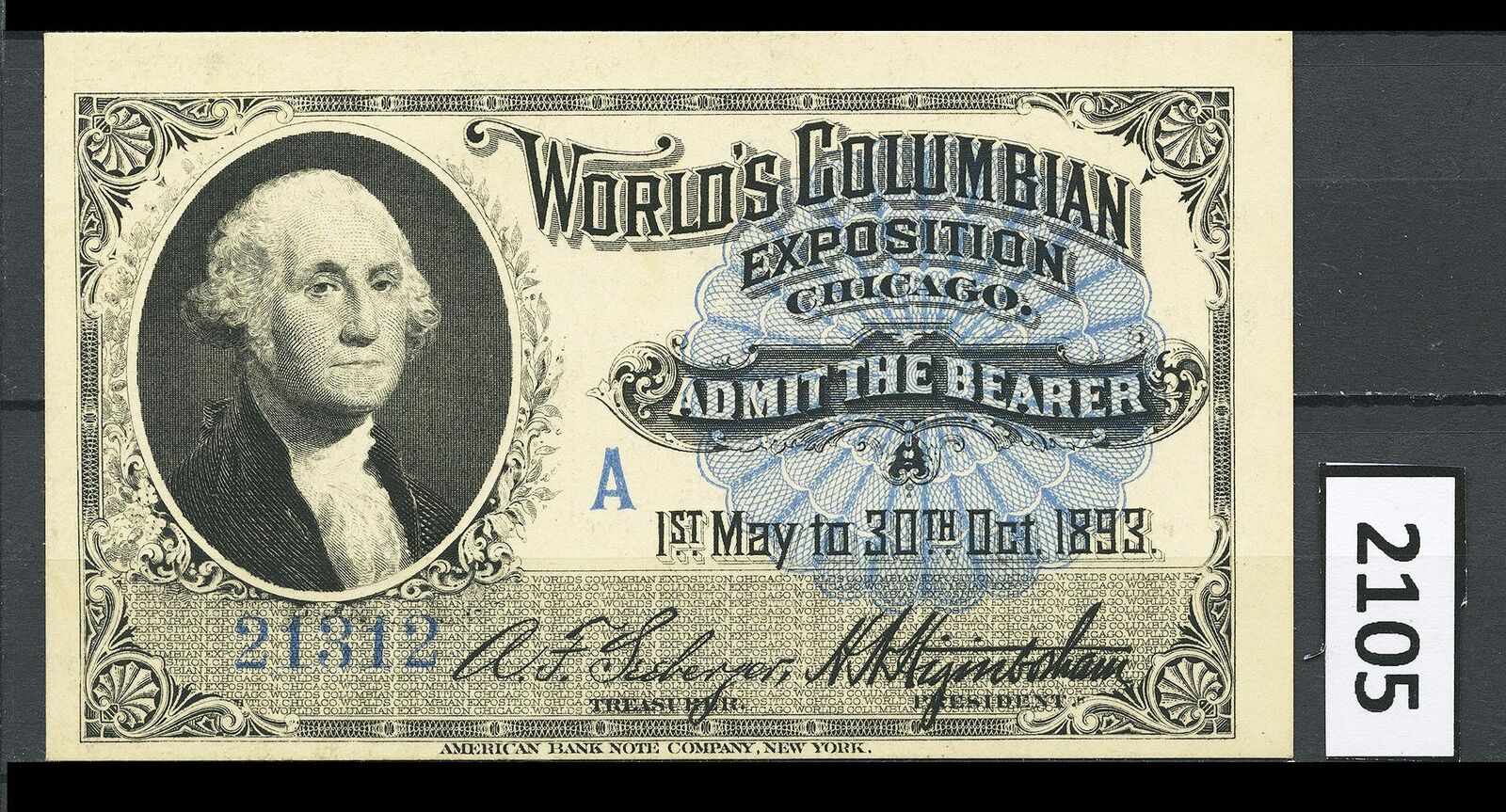 Dealer Dave Columbian Exposition 1893, WASHINGTON PORTRAIT TICKET, MINT (2105)