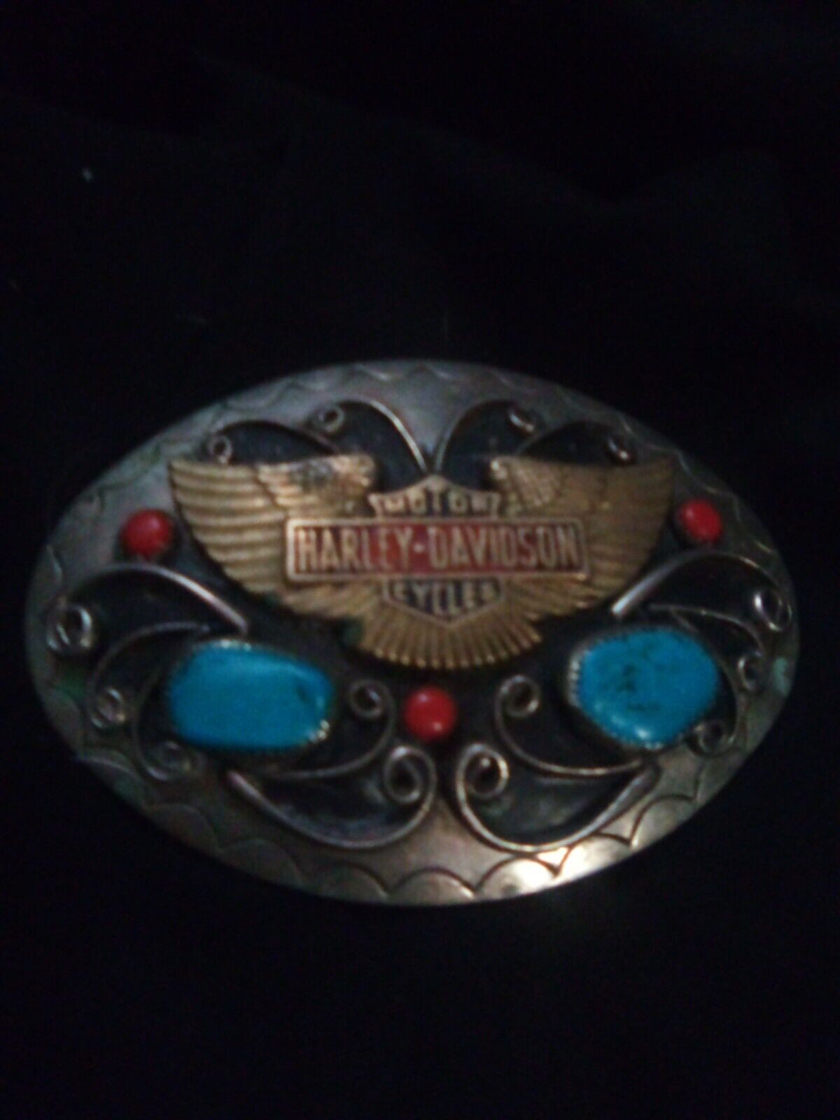 SQUAW WRAP  Silver Belt Buckle Harley Davidson Eagle, Turquoise & Coral
