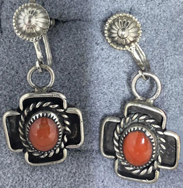 Navajo Classic Cross Shaped Natural Coral Cabochon Earrings Convertible ScrewBac
