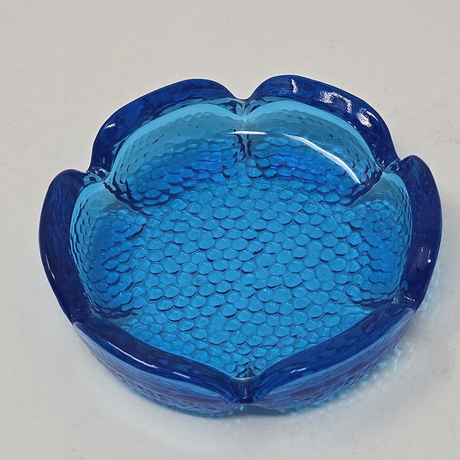 Blenko Art Glass Cobalt Blue Lotus Ashtray Trinket Dish Vtg Bubble Texture 