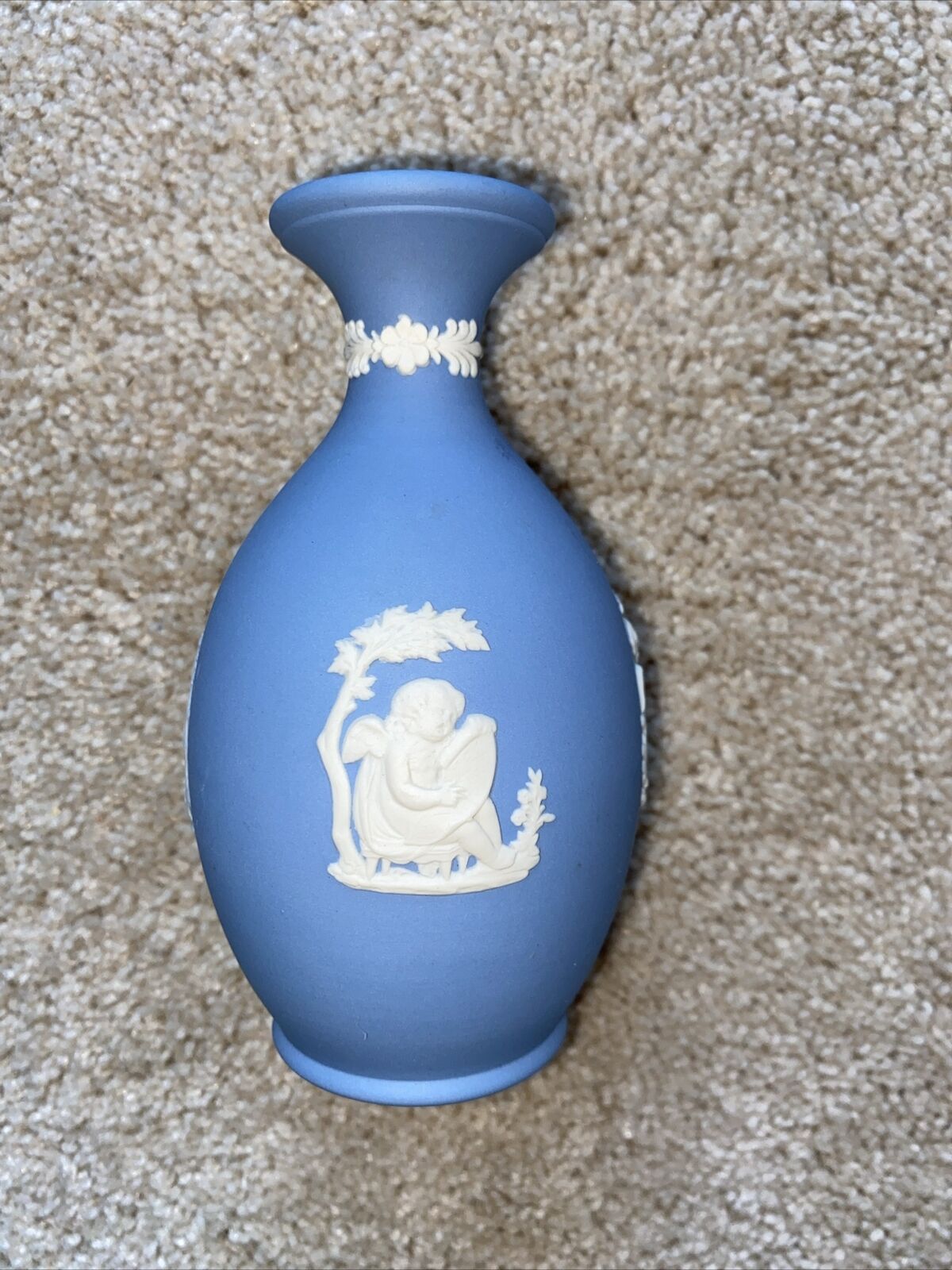 Wedgwood Jasperware Arcadian Bud Vase Boy Dog Cupid Blue Vase 4 3/4\