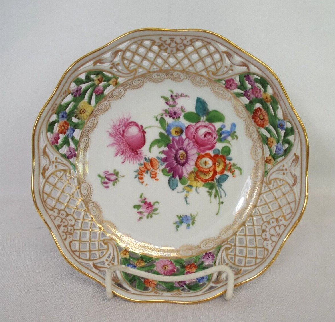 Dresden Germany Porcelain Reticulated Flowers Bowl CROWN MARK Empress Gold Trim