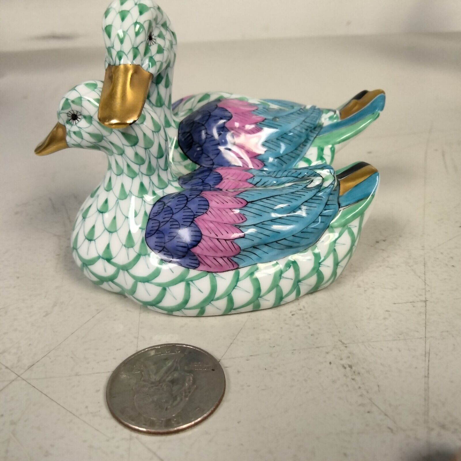 Herend Small Pair Of Ducks Green Fishnet 3\