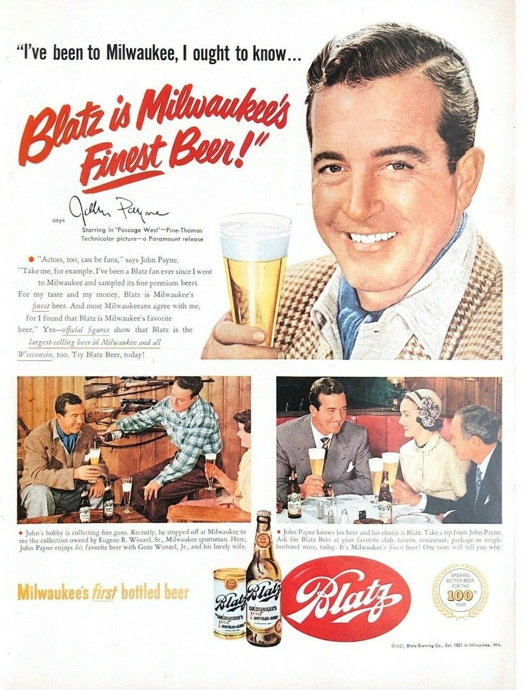 1951 Blatz Beer Vintage Print Ad Actor John Payne Milwaukee\'s Finest 