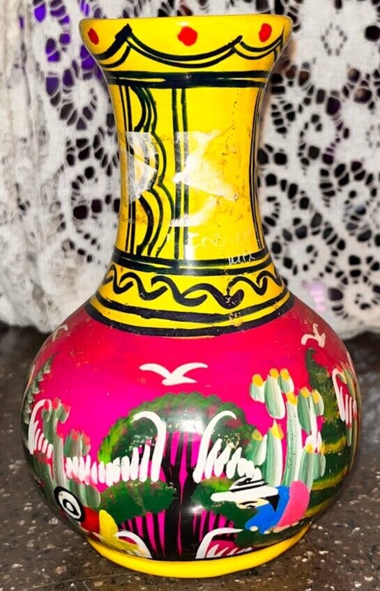 Mexican Folk Art Vase Hand Painted Colorful Story Telling Terra Cotta Red Clay