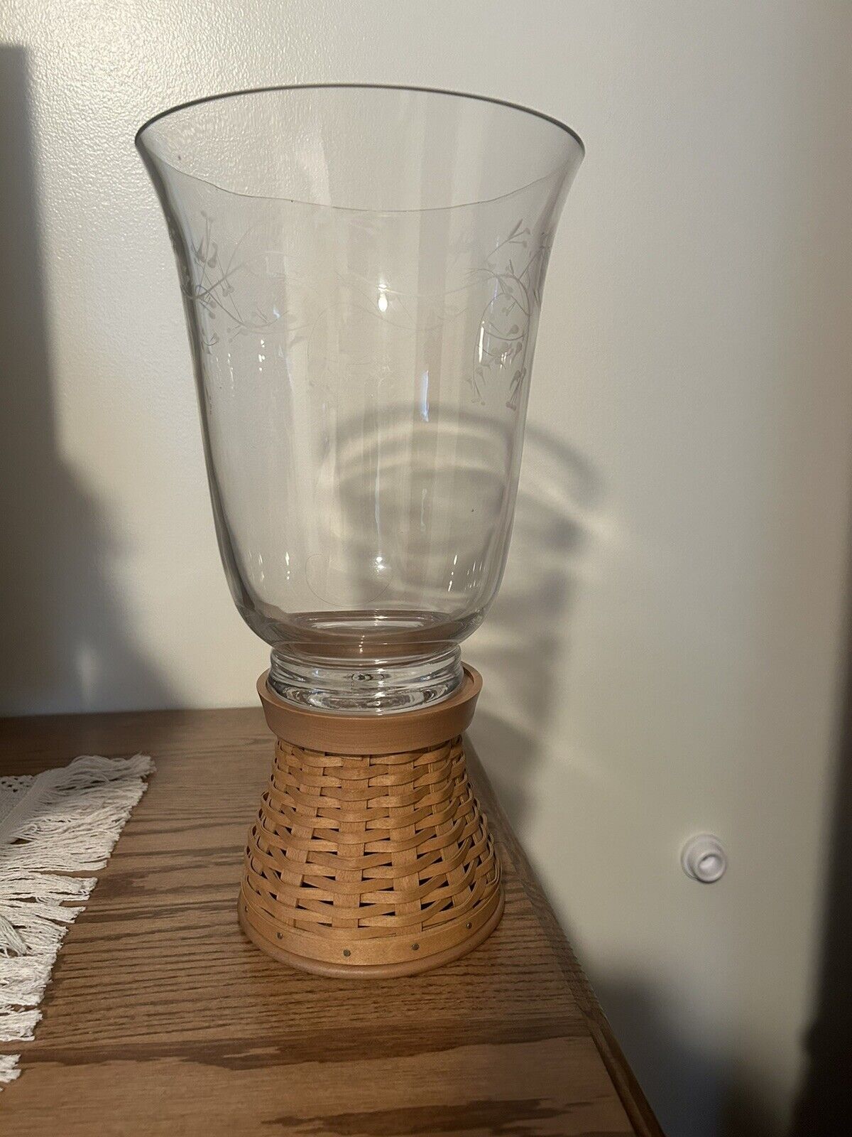 Longaberger 10”  Etched Glass Hurricane with 5” Woven Pedestal Stand, Beautiful