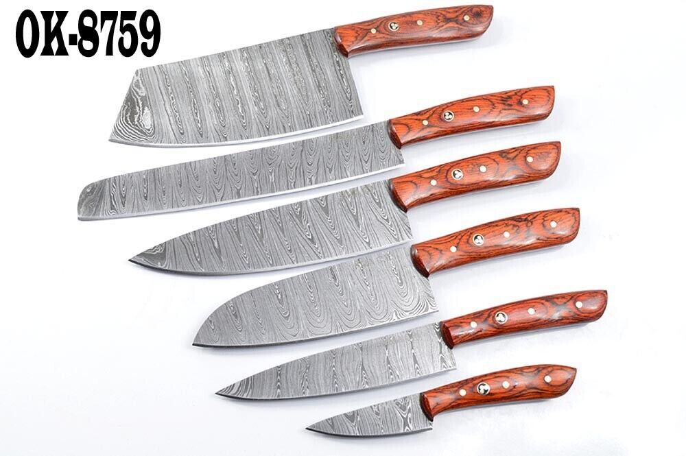 SET OF 6 DAMASCUS STEEL FULL TANG KITCHEN CHEF KNIVES WITH ROLL SHEET 8759