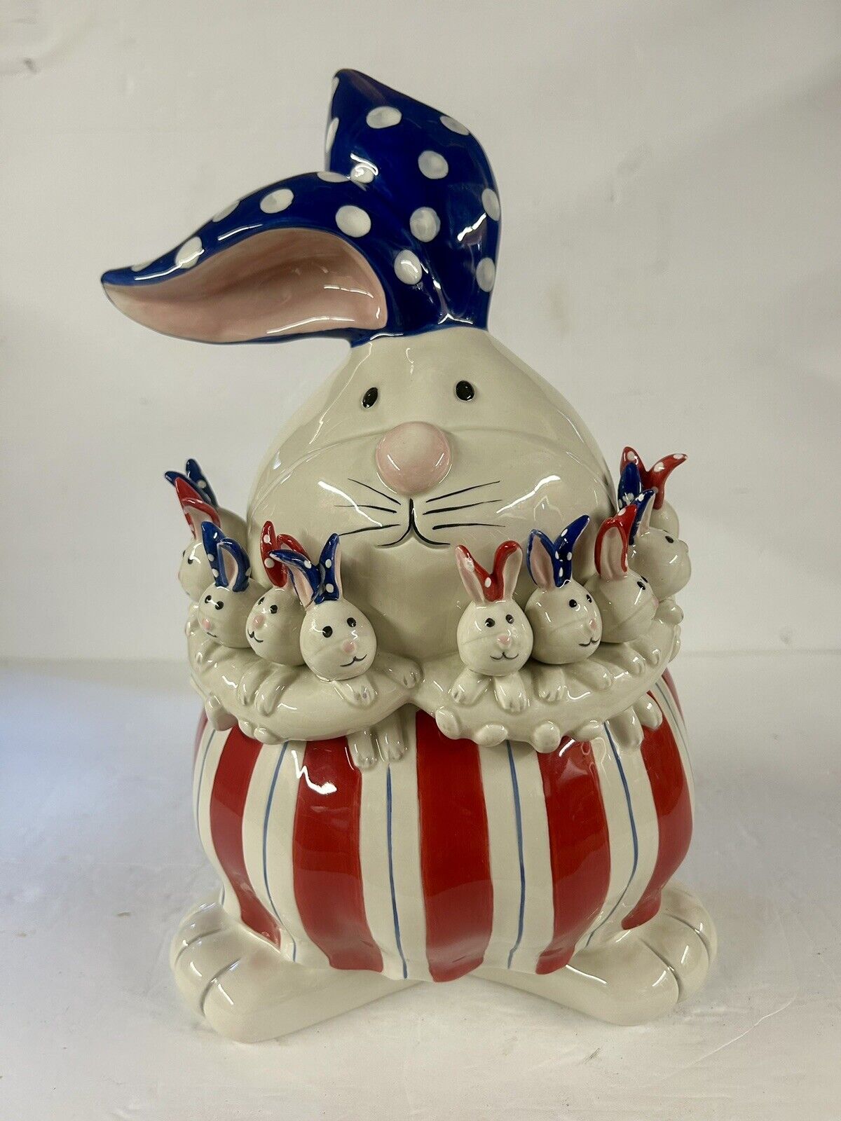 Rare FITZ AND FLOYD Patriotic Bunny with Babies Cookie Jar Mint Condition