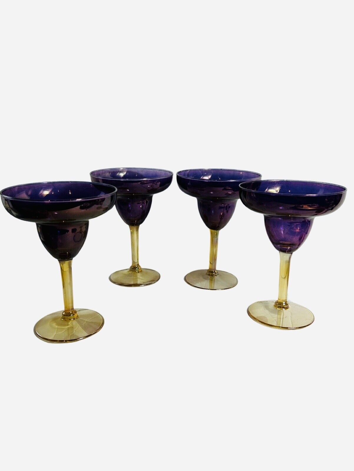 Vintage Purple Iridescent Gold Stem Margarita Glasses Set Lot Of Four