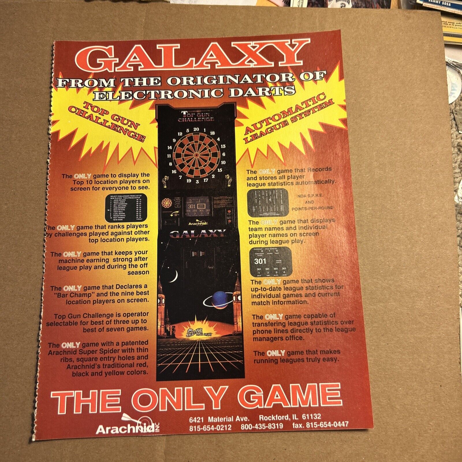 original 11.5-8”  1993 galaxy arachnid, English Mark darts ARCADE GAME FLYER AD