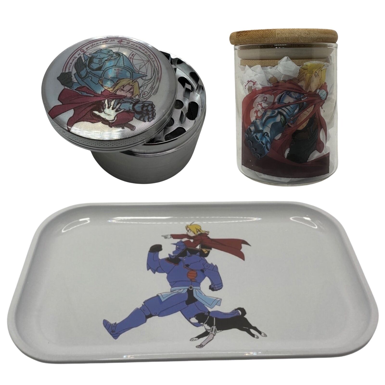 Alchemist Anime Herb Grinder, Stash Jar, Rolling Tray Set