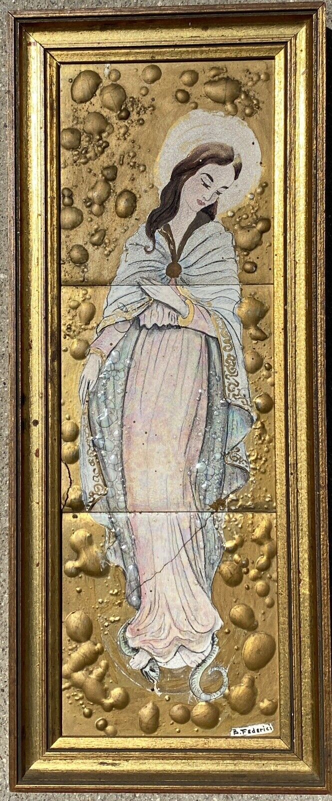 A Mid Century Unique Artisan Virgin Mary Tile Artwork Catholic Blessed