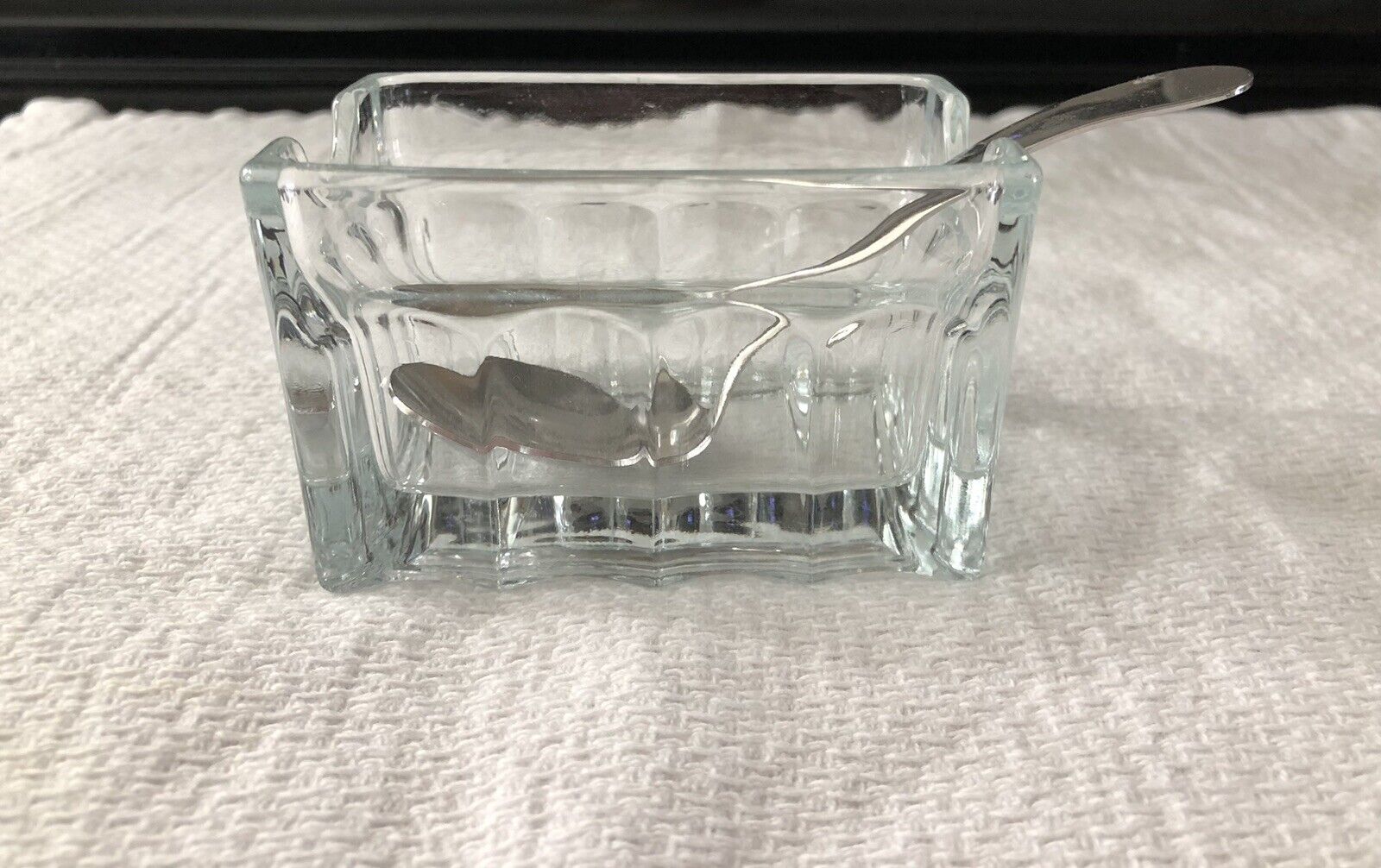 Vintage Clear Ribbed Glass Sugar Holder With Spoon