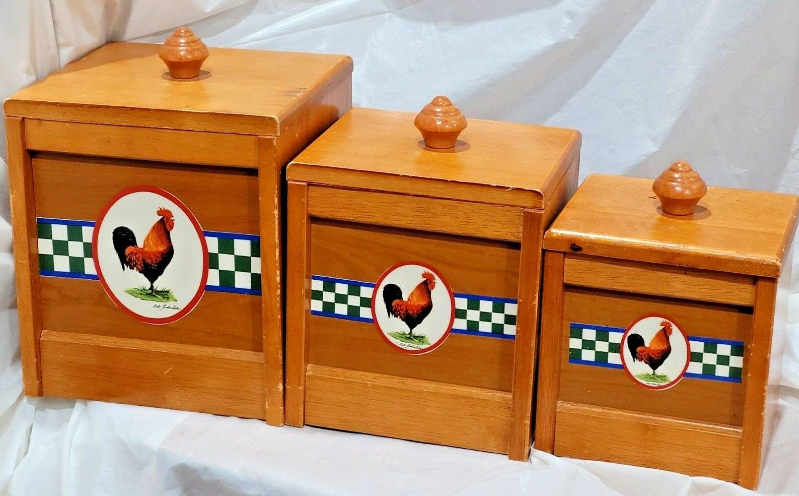 3 VINTAGE-BOB TIMBERLAKE-ELLA\'S ROOSTER WOODEN CANISTERS