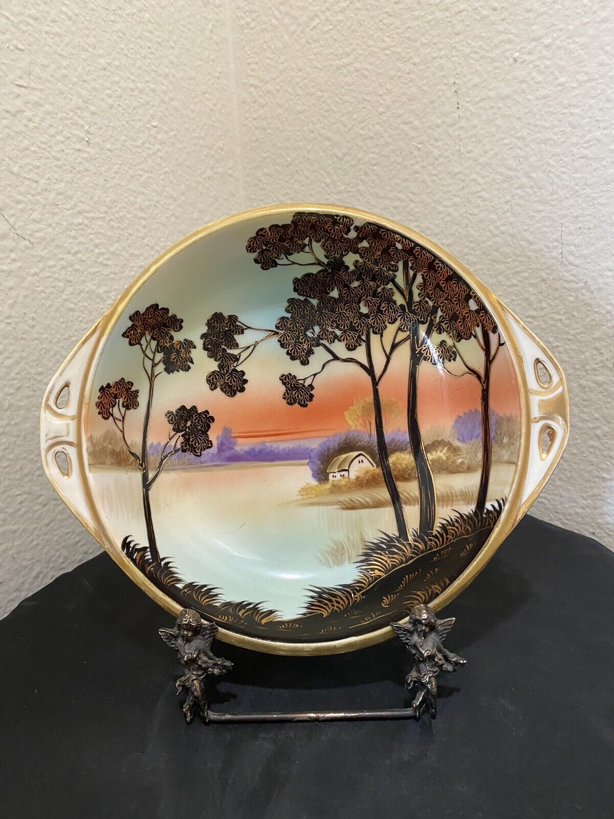 Nippon Morimura Bowl Hand Painted Gold Gilt Handles Landscape Water Trees 8”