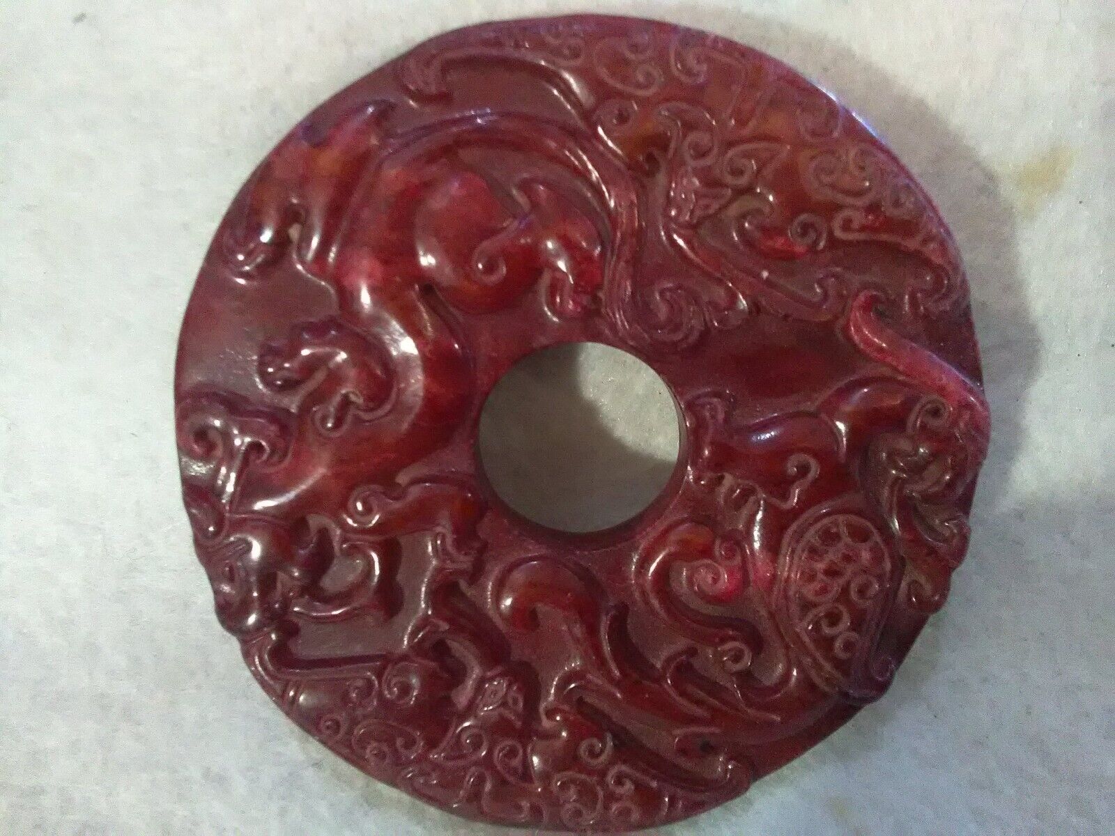 3/23C Ancient Chinese Han Dynasty Red Jade Bi-Face Dragon Disc 200bc-200 ad