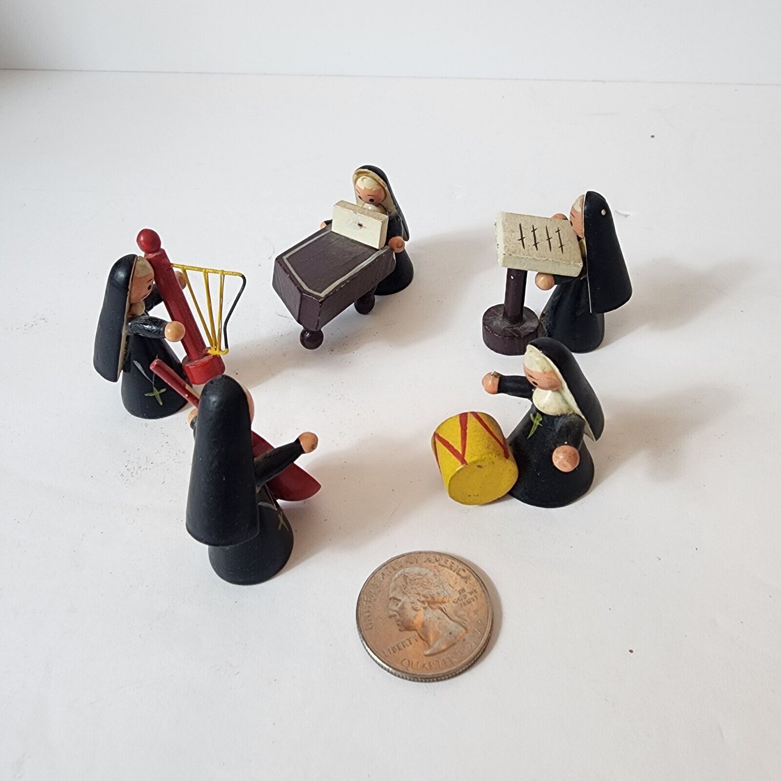 Vtg Nun Band Shackman Type Japan Old Wood Miniature Figurine Orchestra Set of 5