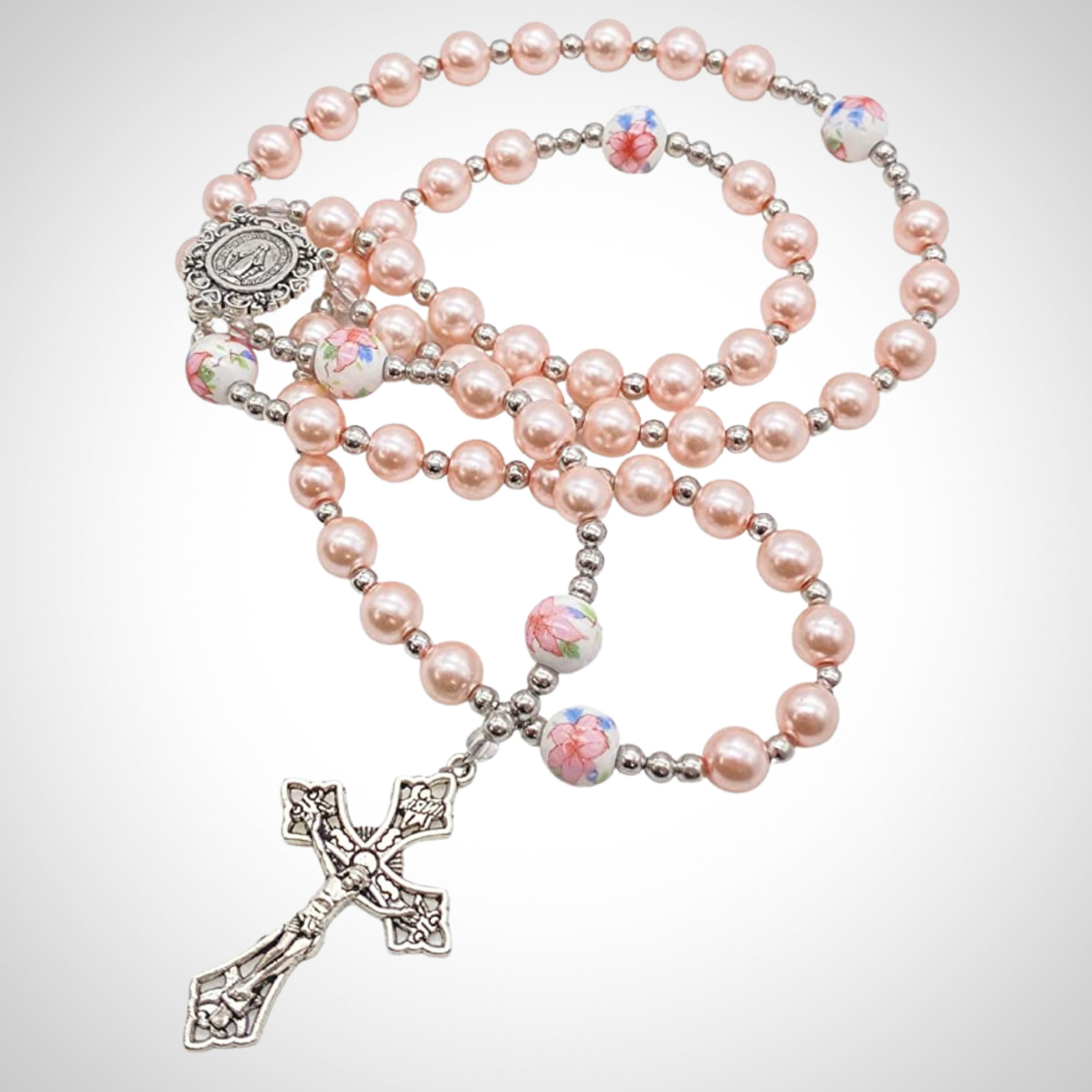 Pink Pearl Beads Rosary  Flowers Beaded Necklace Miraculous Medal & Cross