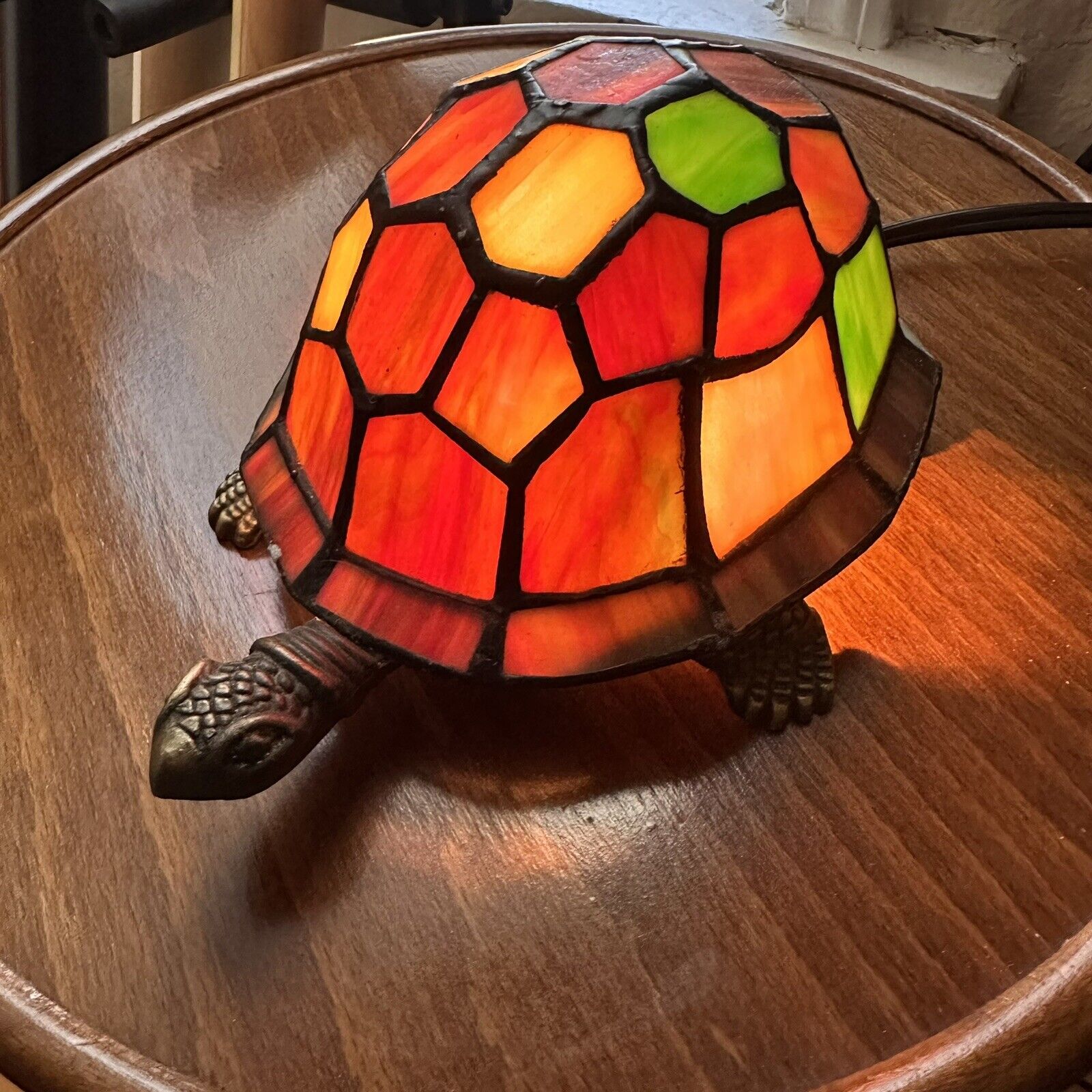 Vintage Stained Glass & Brass Tiffany Style Turtle Table Lamp Night Light Multi