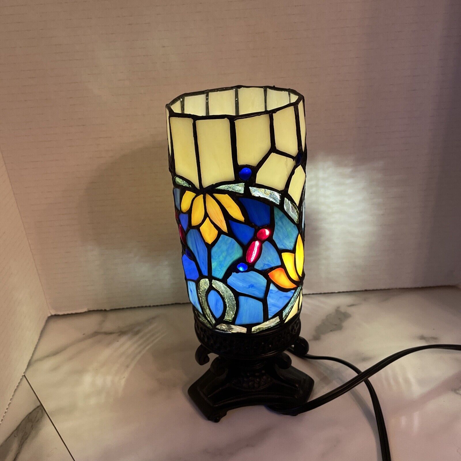 Small Tiffany Table Lamp Blue Yellow Floral Design  Stained Glass  10.5x 4