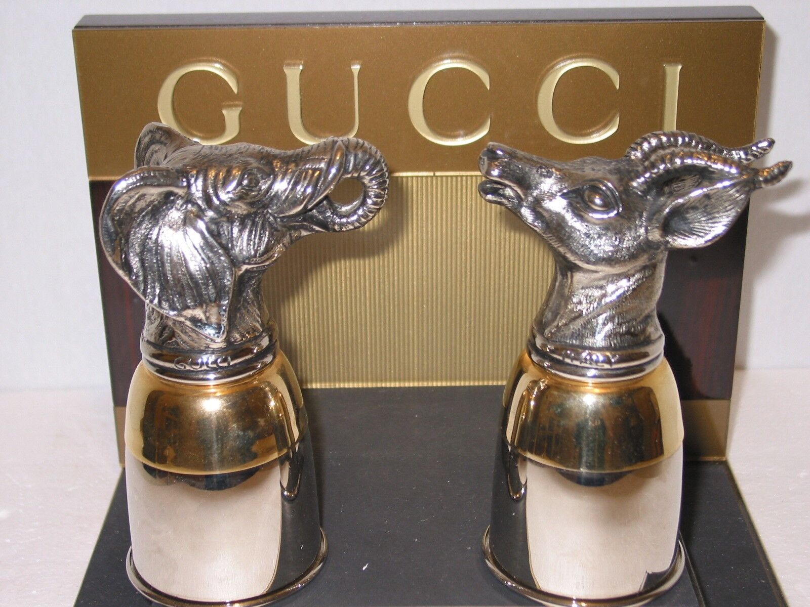 VINTAGE GUCCI SILVER & GOLD PLATE STIRRUP CUPS ELEPHANT & ANTELOPE VERY RARE FIN