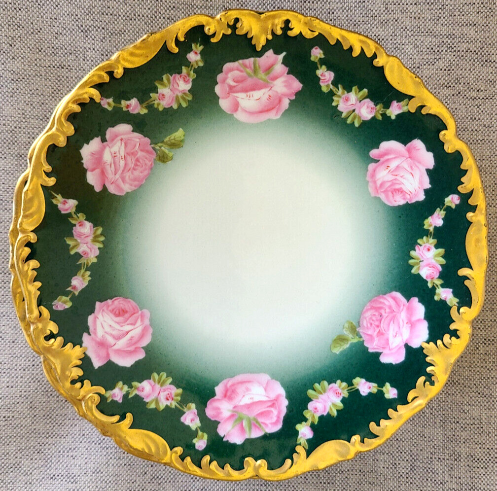 T&V LIMOGES SET OF 6 PLATES HEAVY GOLD HAND PAINTED DROP ROSE GARLAND
