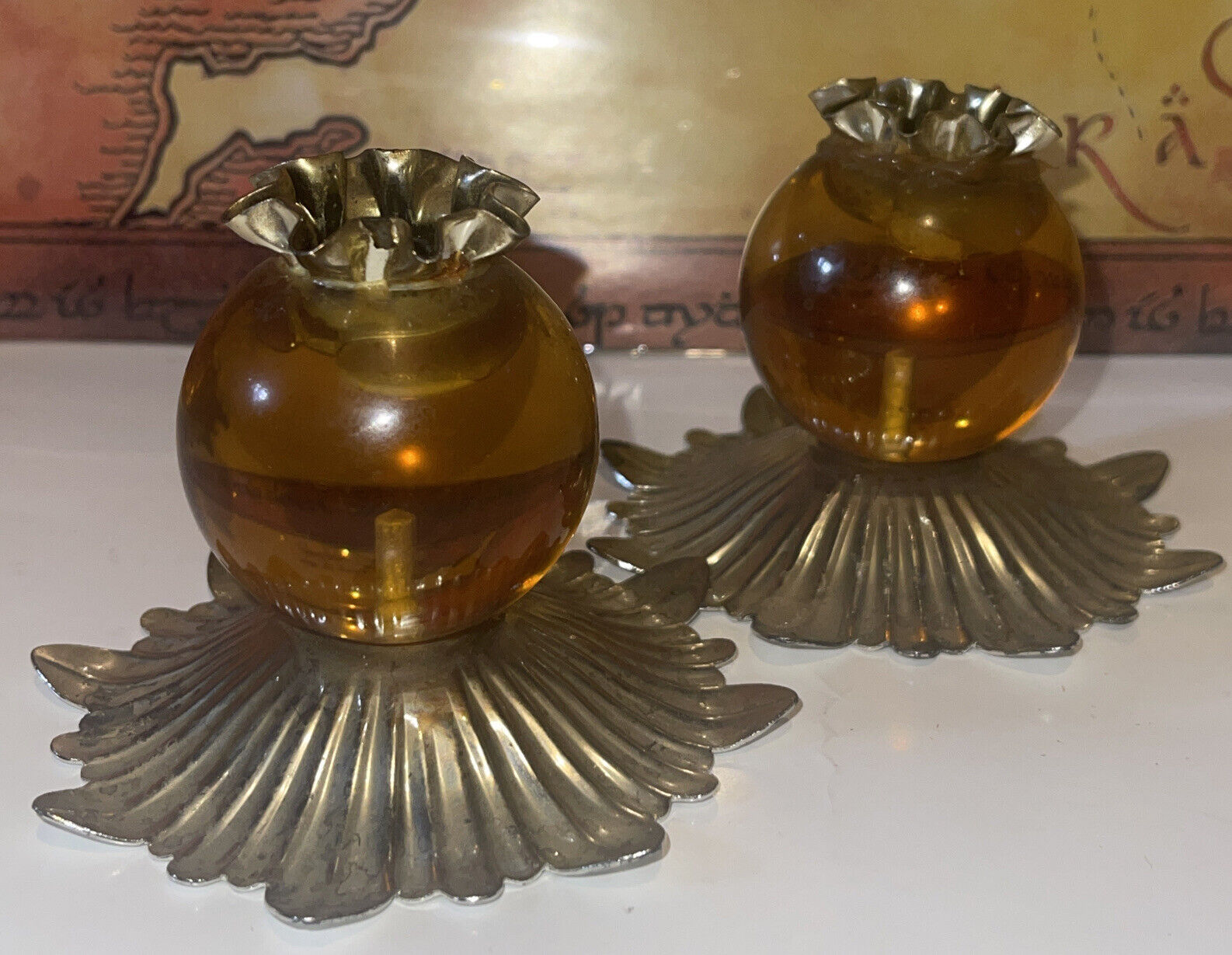 VTG Woolworth Candle Holder Set of 2 Silver & Amber Colored Metal Lucite 3” READ