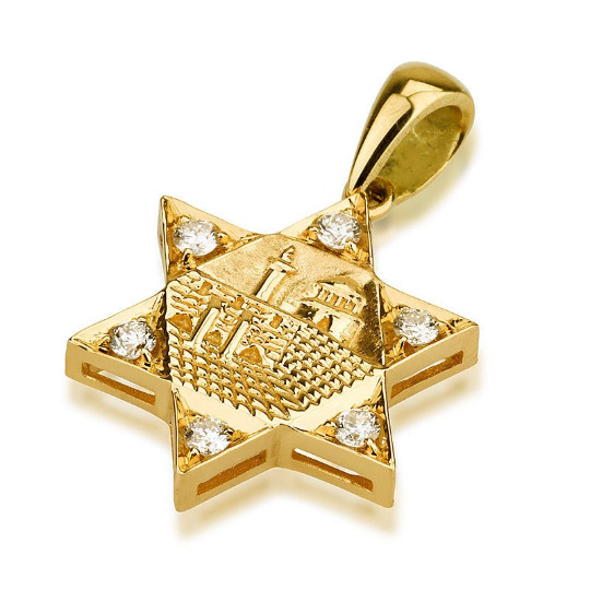 Jerusalem Star of David Diamond Pendant in 18k Solid Yellow Gold Jewish Jewelry
