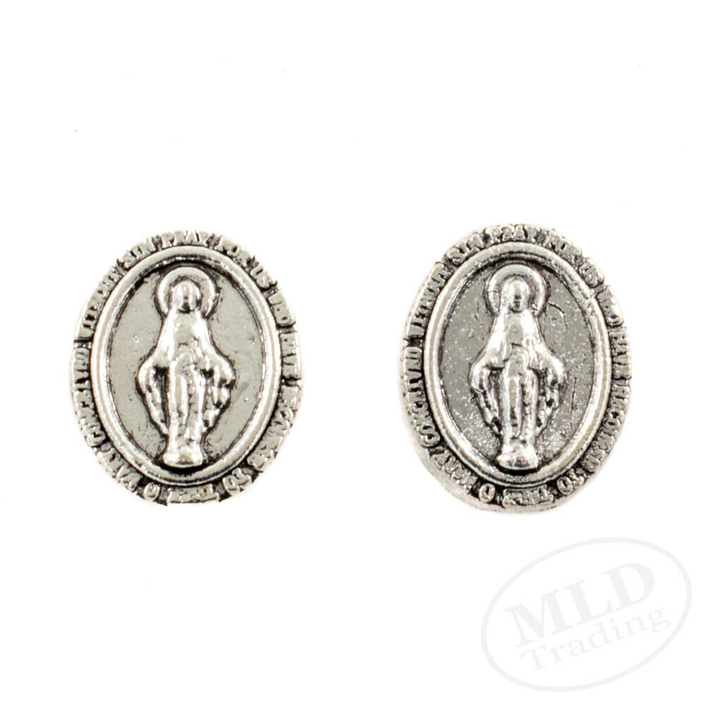 Silver Plated Miraculous Medal Stud Earrings Catholic Virgin Mary