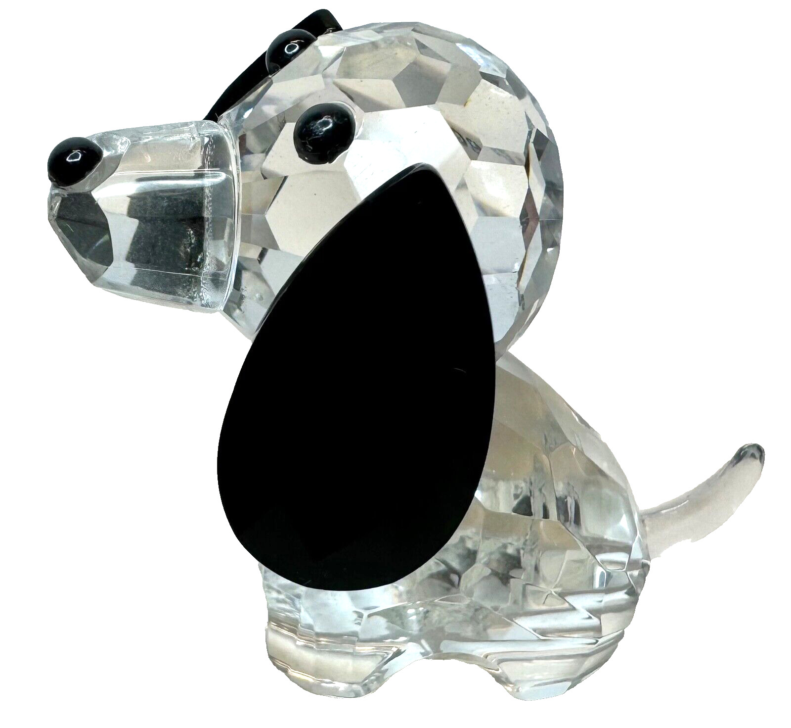 Clear Faceted Cut Glass Crystal Small Long-Eared Dog Figurine Black Eyes & Ears
