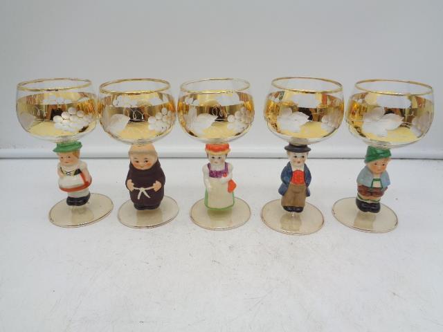 SET of 5 Goebel Hummel Figural Stemware 6oz Wine Glasses Etched 14k Gold Trim