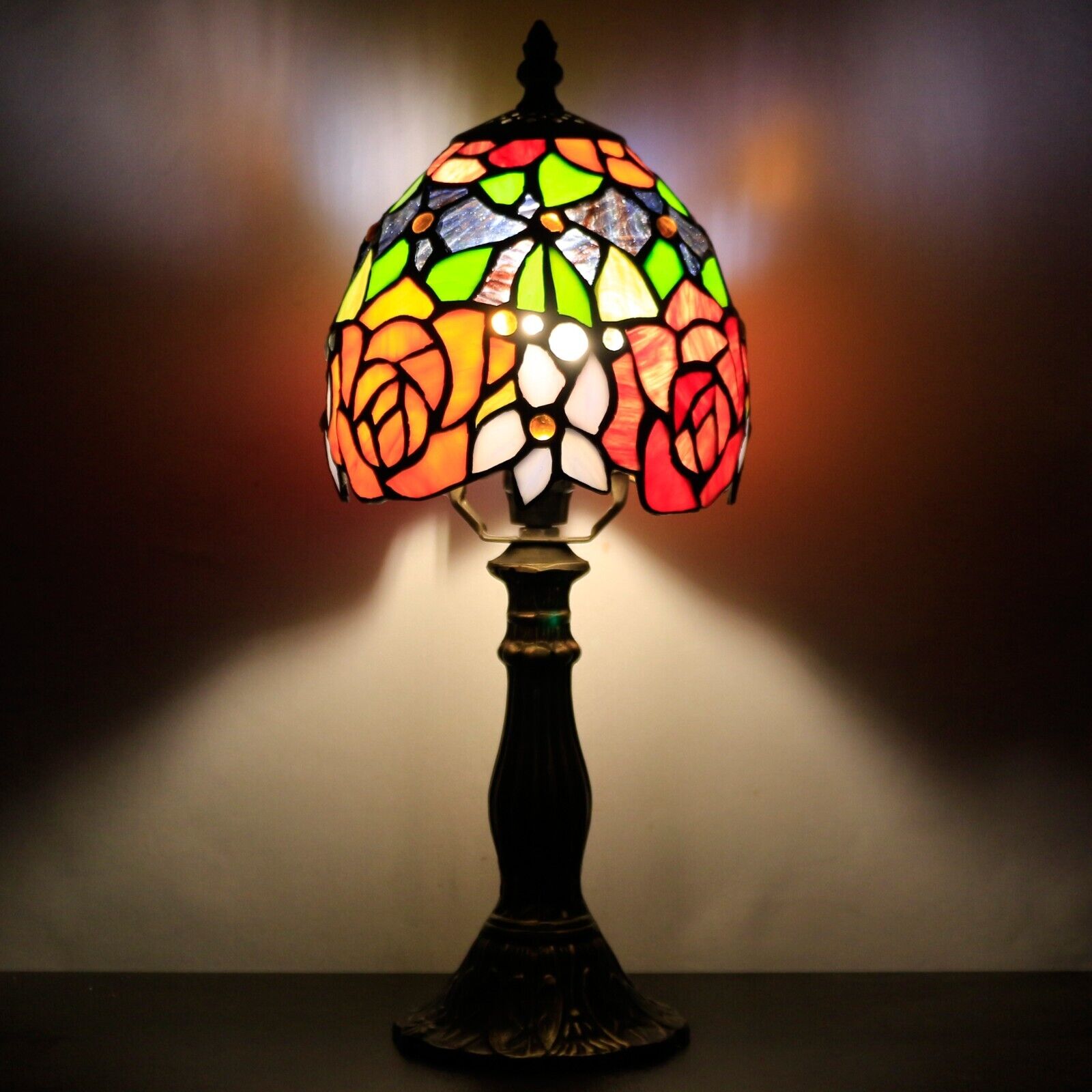 Small Tiffany Table Lamp Red Yellow Rose Style Stained Glass Desk Lamp 6 inch