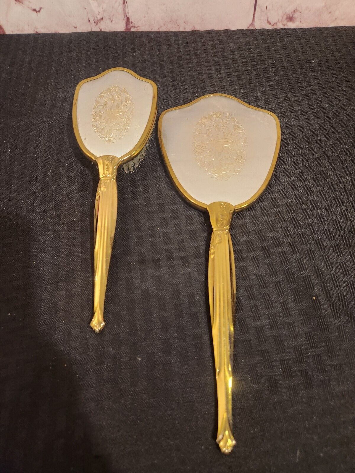 Vintage Hand Held Mirror and Brush Vanity Set Gold Tone W/ Floral With Bird 