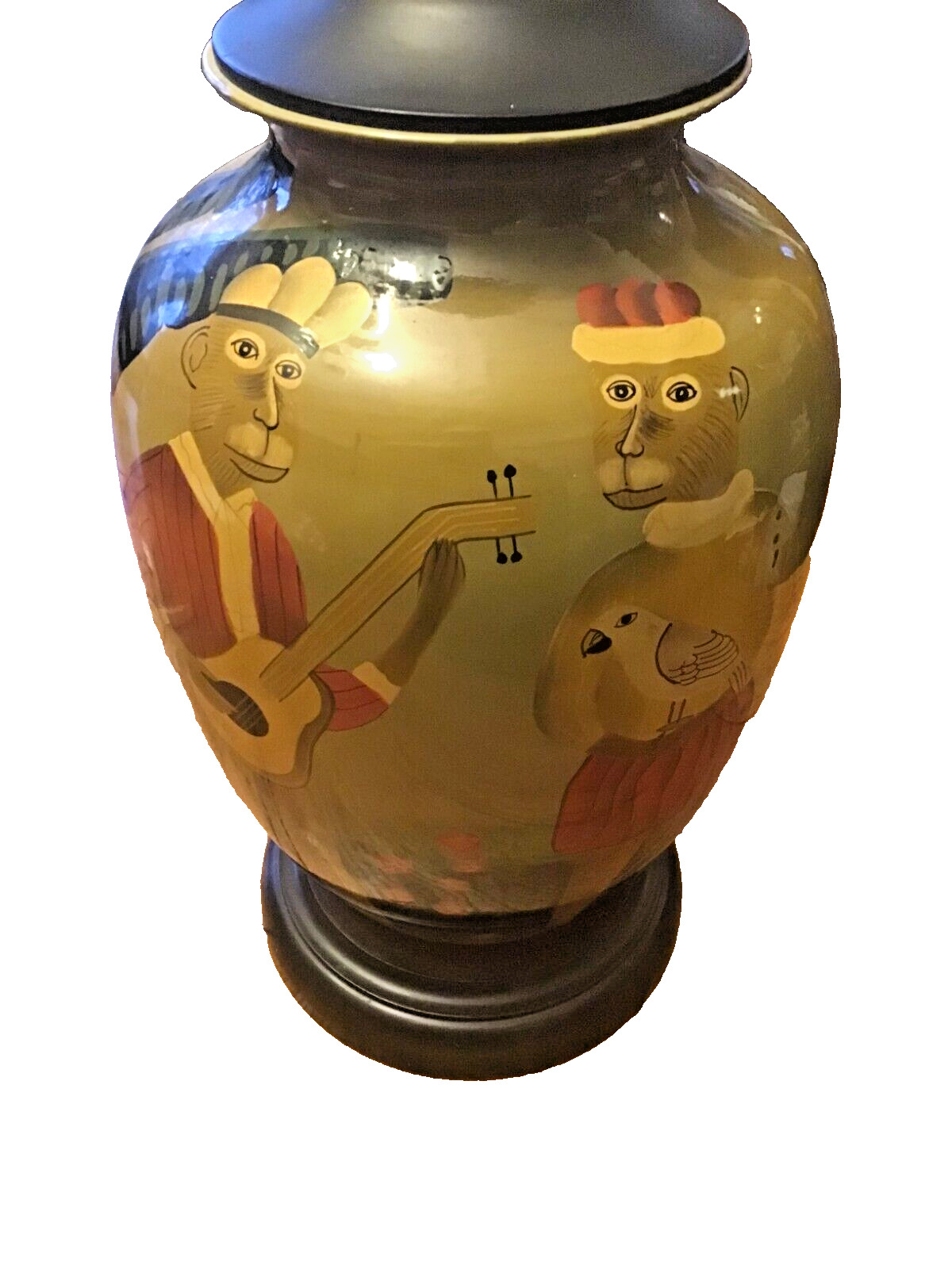 Hand painted William Skilling Table Lamp, With a monkey designs.  No shade