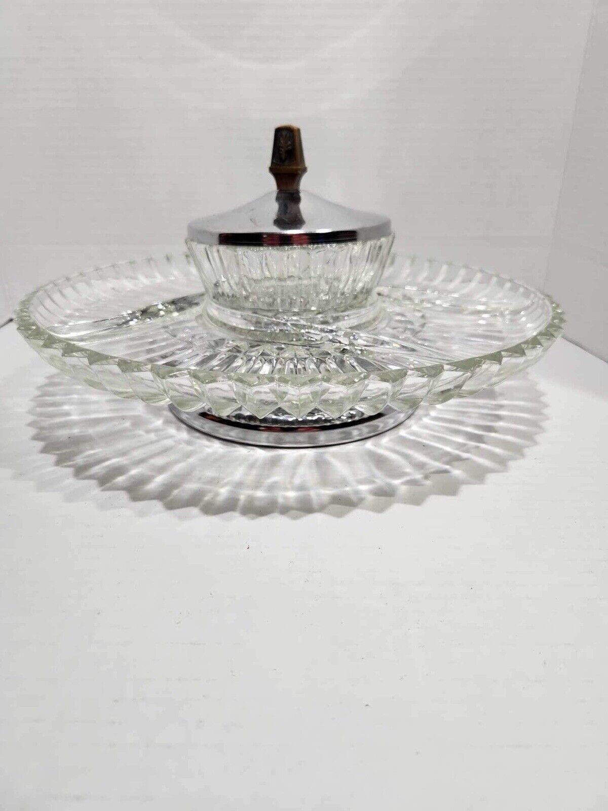 Kromex Lazy Susan Chrome Glass Divided Tray Spins Model No. 898-21