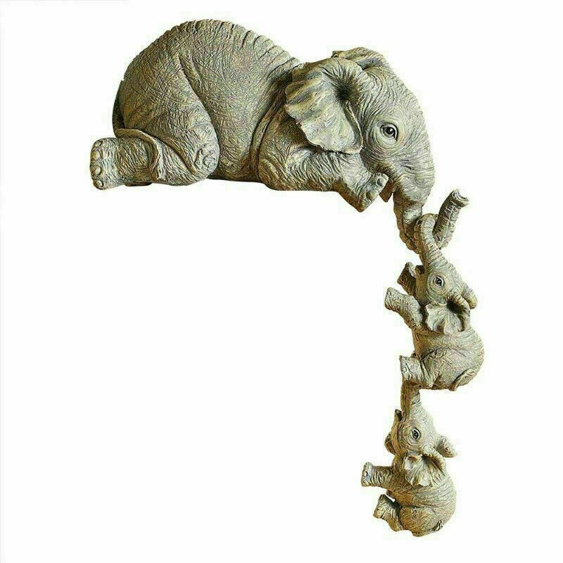 3Pcs Cute Resin Elephant Figurine Mother Elephant Hanging 2-Babies Home Décor US