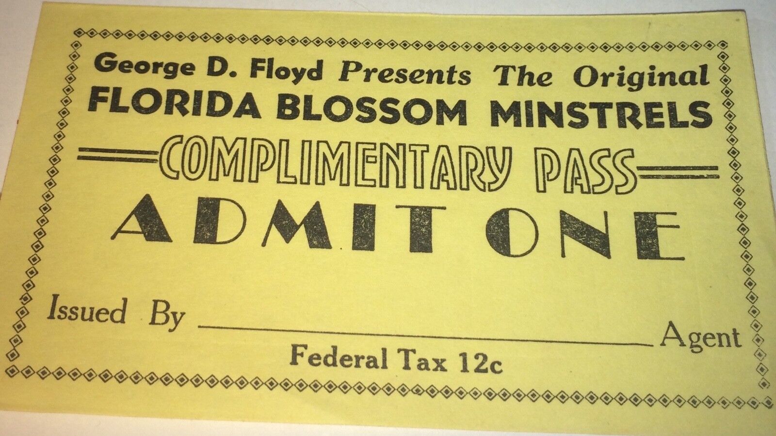 Rare Antique American Florida Blossom Minstrels Complimentary Pass C.1930\'s US