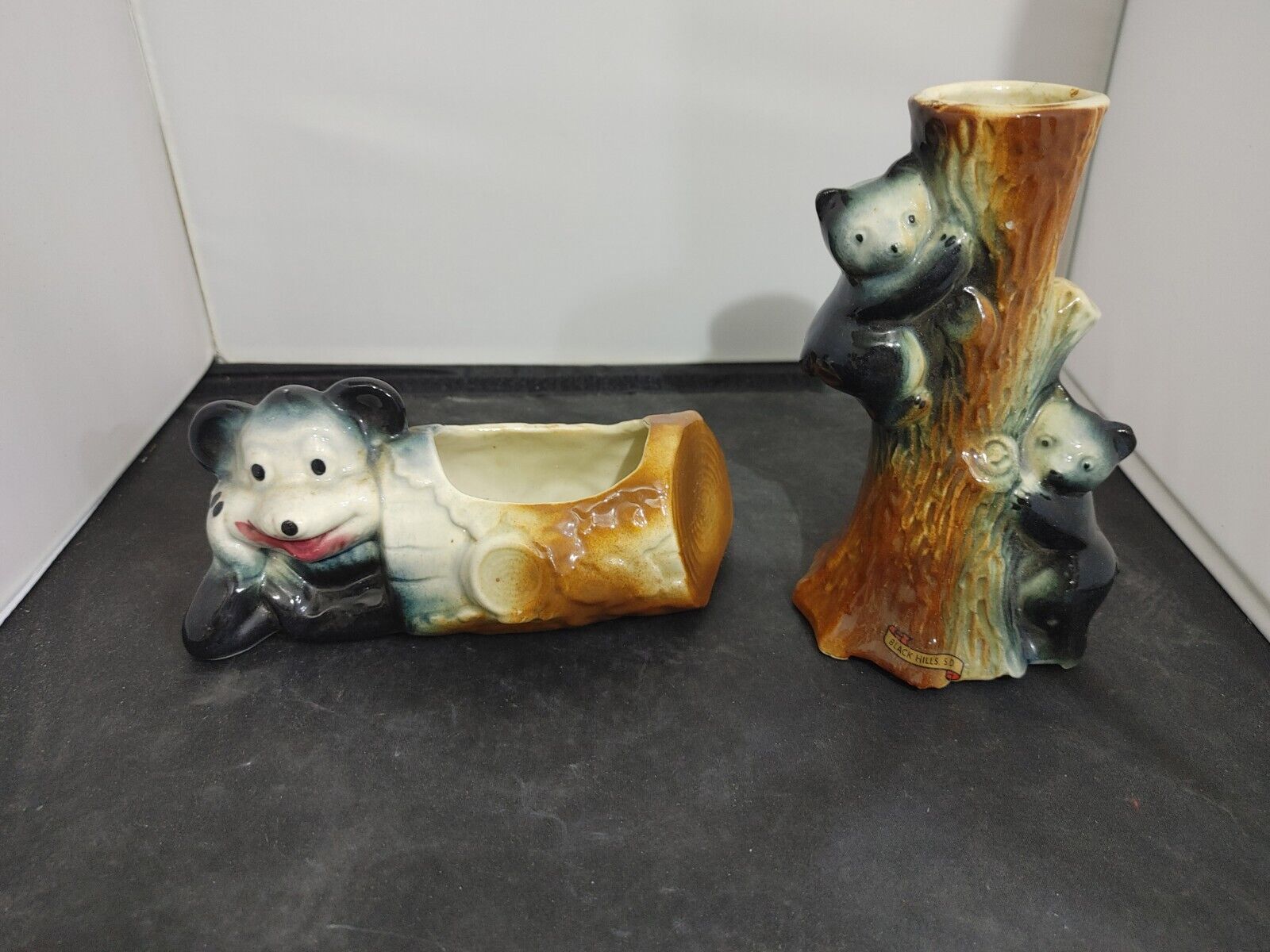 Planter and bud vase Vintage 1950\'s American Bisque Bear in a Log Art Pottery