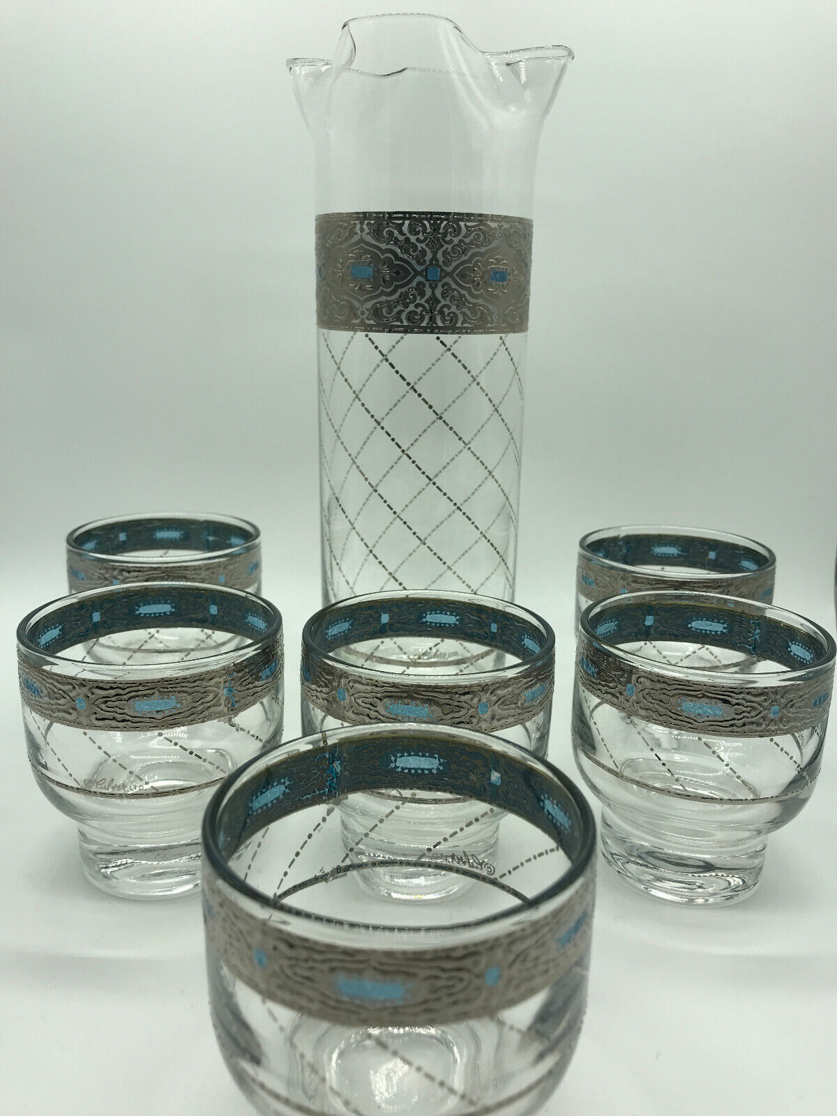 Vintage MCM Culver Set 6 Whiskey Glasses and Pitcher Wavy Lip Blue Silver RARE