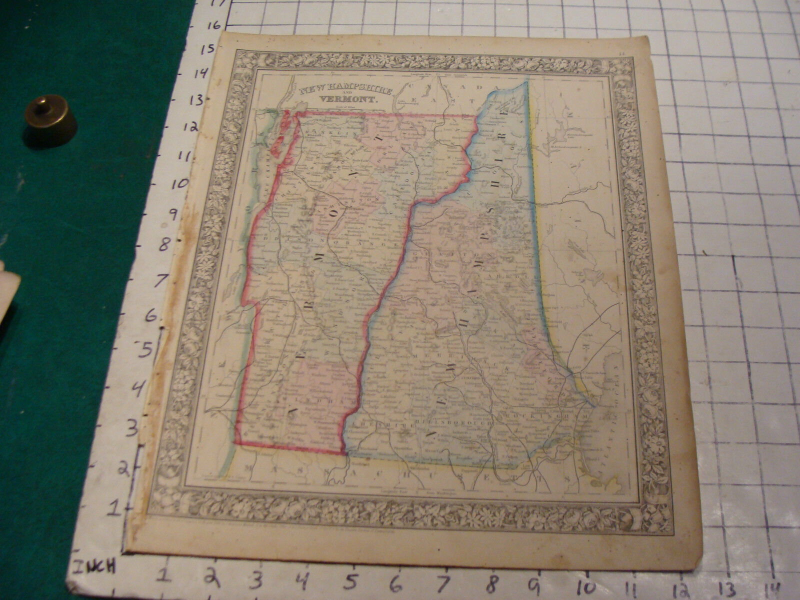 ORIGINAL Hand colored 1862 Mitchell Map: 15 1/4 x 12 1/2--New Hampshire Vermont