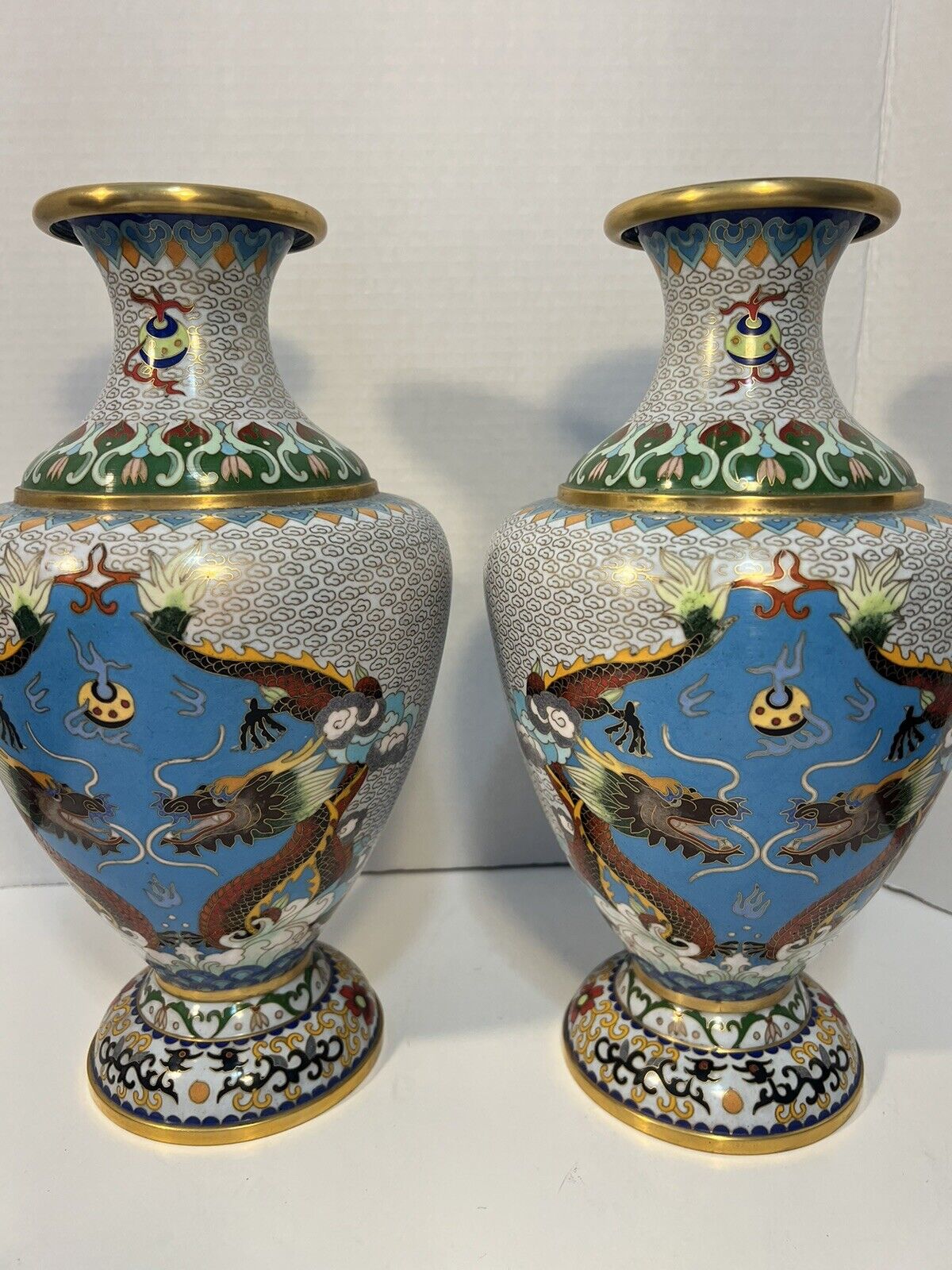 Vintage Cloisonné Vases 12” Fierce Double Dragon Turquoise